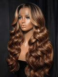UNice 360 HD Lace Pre-plucked Luxury Raw Virgin Hair Caramel Brown With Money Piece Highlights Body Wave Wig